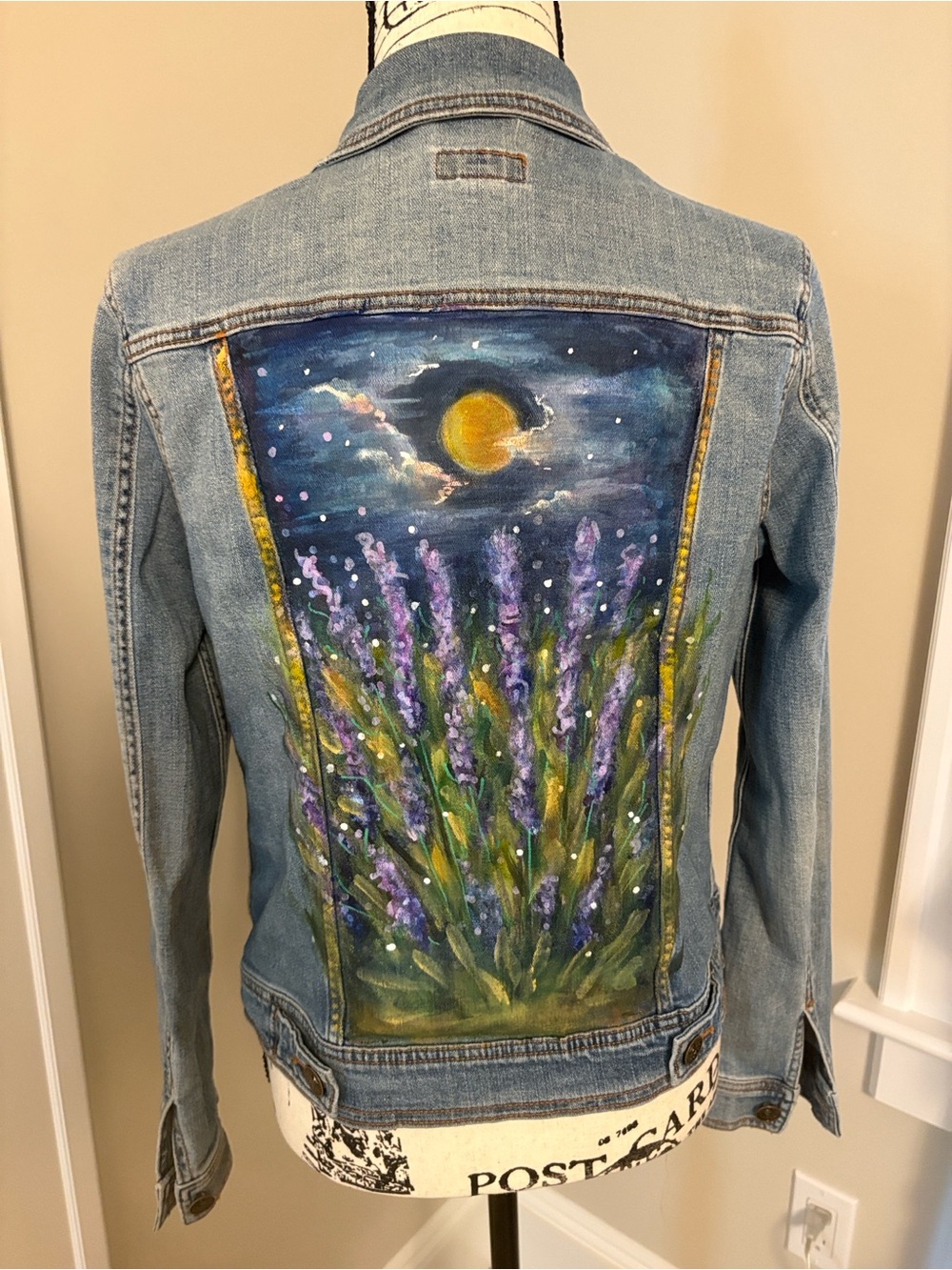 Merona Light Blue Denim Jacket with Hand-Painted Lavender Night Scene